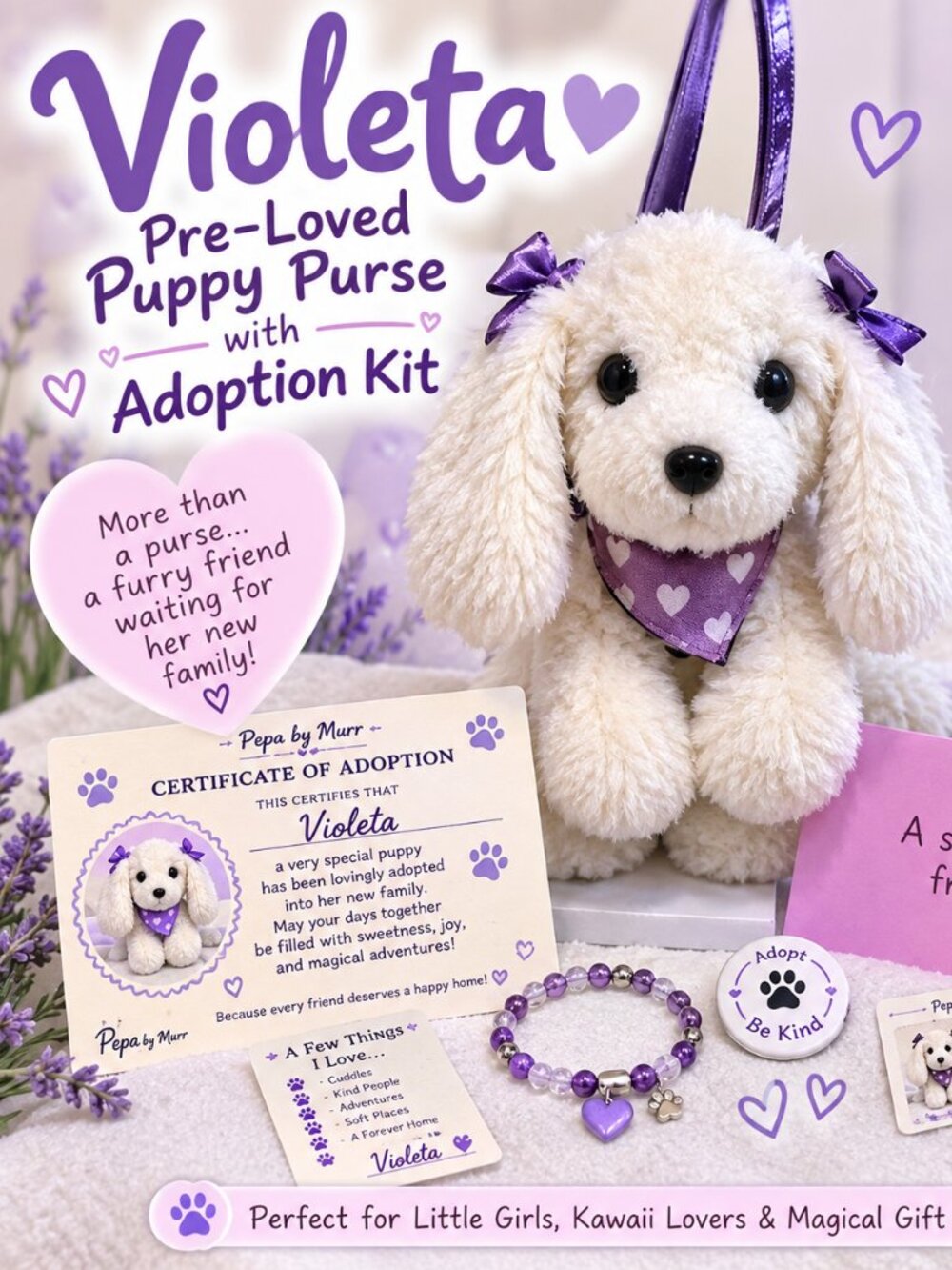 Violeta Pre-Loved Puppy Purse with Adoption Kit | Kawaii Gift Set